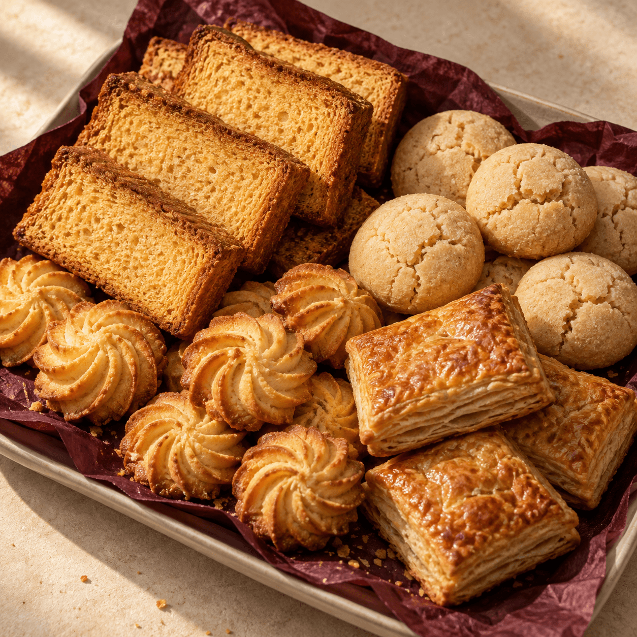 Illustrative bakery assortment of cake rusks, biscuits, khatai and puff patties; not actual Zouq products